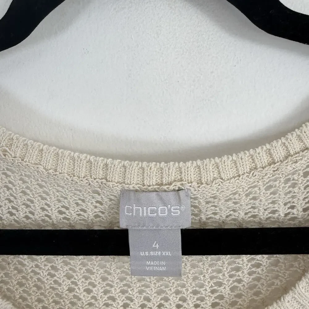 Chicos Open Knit Marlene Pullover Sweater Cream Green Striped‎ Womens 4 US XXL